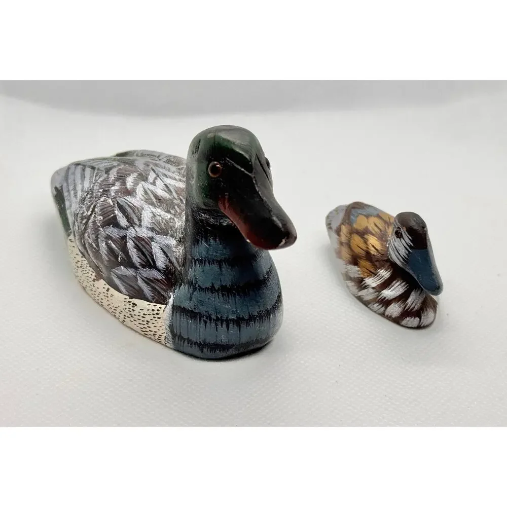 Vintage Carved Duck Pair Figurines – Stone Paperweight Duck and Wooden Mini Duck